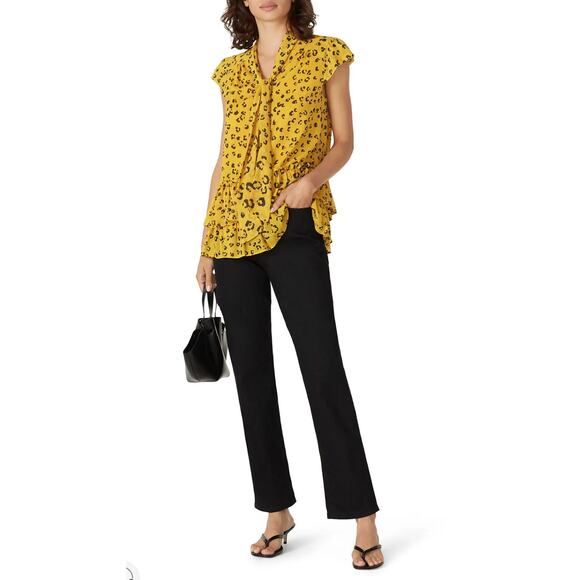 Nicole Miller Yellow Leopard Top Bow Neck Tie Blouse Cap Sleeve Ruffle Sz S - Picture 2 of 9